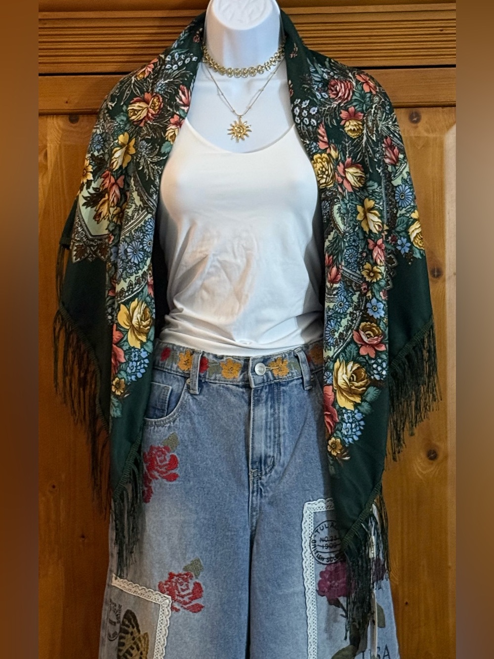 Women’s Dark Green Floral Fringe Large Scarf